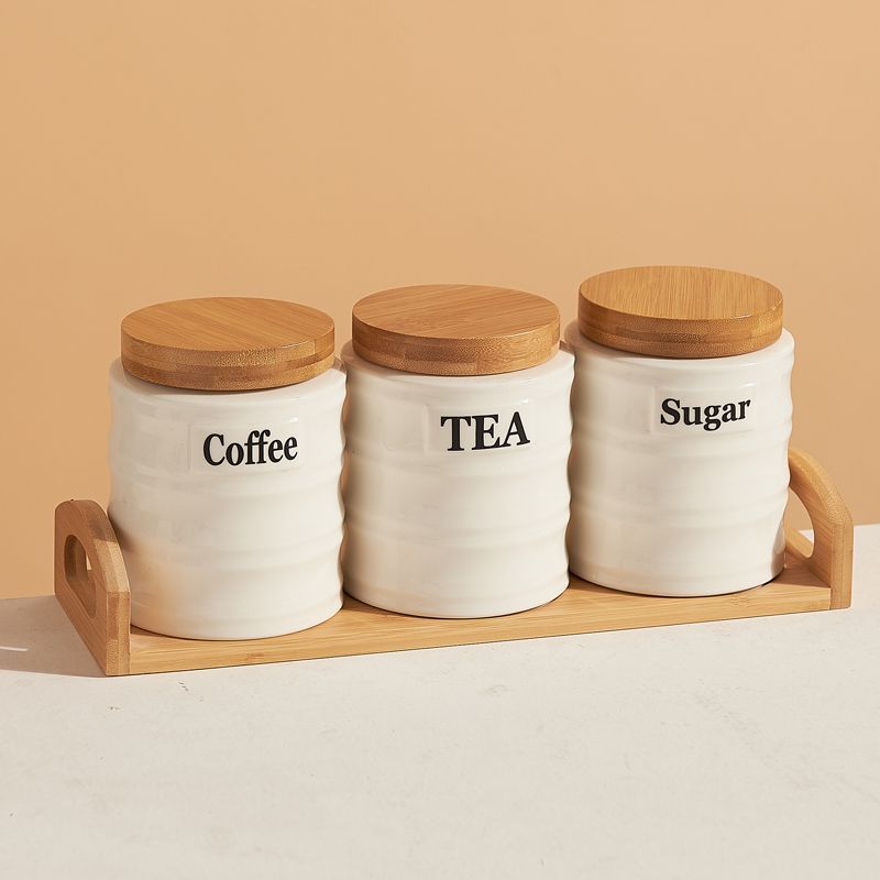 Kitchen Baking Canisters - 3'lü Seramik Saklama Kavanoz Seti, Bambu